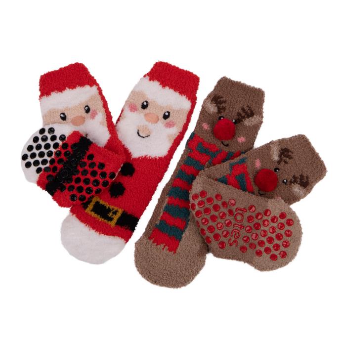 totes toasties Childrens Super Soft Slipper Socks (Twin Pack) Reindeer / Santa Extra Image 2